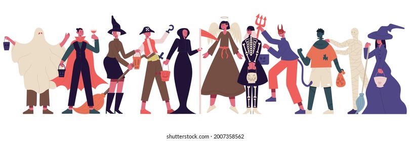 Halloween party characters. Celebrating people in halloween costumes, halloween spooky outfits party vector illustration. Trick or treat characters. Ghost and angel, mummy costume and witch