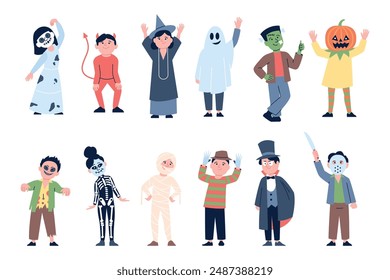 Halloween party characters. Children wearing crazy spooky costumes. Festival characters, vampire witch skeleton ghost devil, recent vector characters