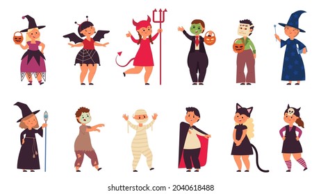 Halloween party characters. Costume friends, little cute kid zombie fest. Young child wear carnival costumes, creepy funny children decent vector set