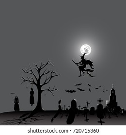 Halloween party characters and elements on a gray background
