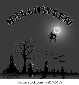 Halloween party characters and elements on a gray background with inscription