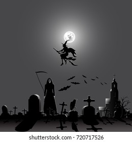 Halloween party characters grim Reaper, witch and elements on a gray background