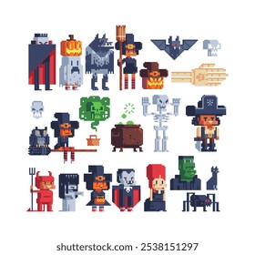 Conjunto de iconos de personajes de fiesta de Halloween. Tarjeta de felicitación o Elementos de diseño de invitación. Vampiro, fantasma, bruja y hombre lobo. Ilustración vectorial de pixel art aislada.