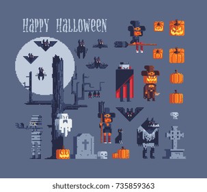 halloween party characters icons set, greeting card pixel art style vector illustration isolated on background