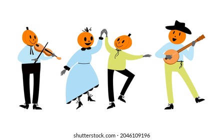 Halloween party. Characters  jack o'lantern are dancing and playing musical instruments. Pumpkin carved costumes. Vector objects isolated on white background.