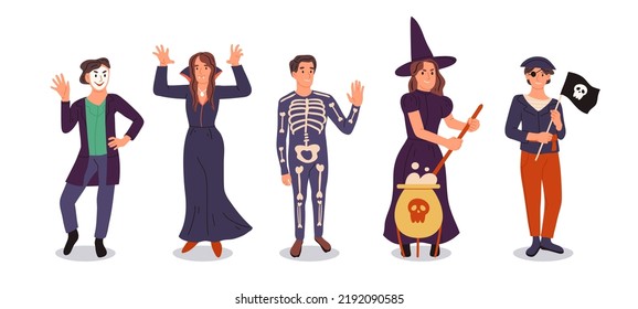 Halloween Party Characters Wearing Witch, Vampire And Pirate Costumes. Spooky Masquerade Event, Happy People Treat Or Treating Flat Vector 
Symbols Illustration Set. Cartoon Halloween Characters