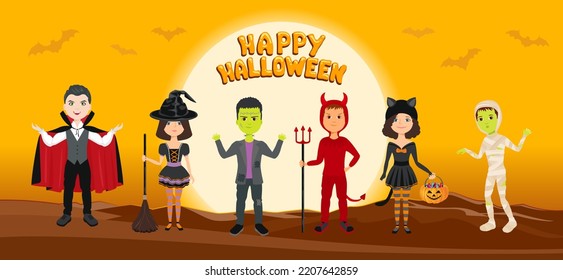 Halloween party. Children in carnival costumes of funny monsters. Vector cartoon illustration.