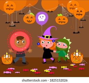 Halloween party and children with costumes: dinosaur, witch and… coronavirus! Cartoon vector illustration