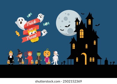 Niños de la fiesta de Halloween en diferentes trajes de miedo con la casa embrujada en el fondo. Colección de niños de dibujos animados con disfraces de carnaval. Ilustración vectorial