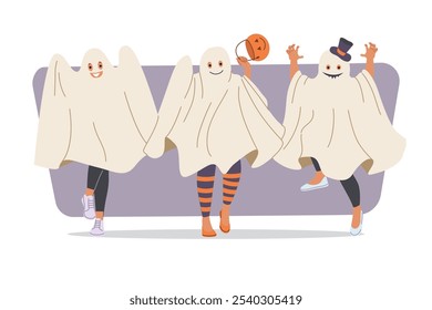 Halloween party for children using white sheets to pretend to be ghosts and demand treats or treating. Scary halloween costumes amuse kids holding basket in shape of pumpkin with jack-o-lantern face.