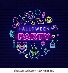 Halloween Party circle layout neon sign. Night bright layout with text. Outer glowing effect banner. October holiday greeting card and poster. Editable stroke. Isolated vector stock illustration
