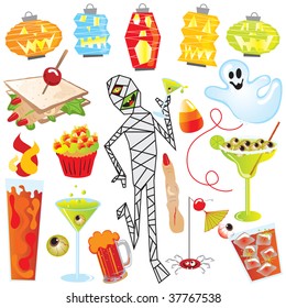 Halloween Party Clip Art with finger sandwich and creepy cocktails, isolated on white