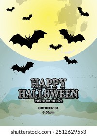 Halloween Party with close up full moon and with flying  bats for banners, posters, greetings, flyer and Halloween celebrations.