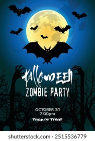 Halloween Party with close up full moon, zombie hand  and flying bats for banners, posters, greetings, flyer and Halloween celebrations.