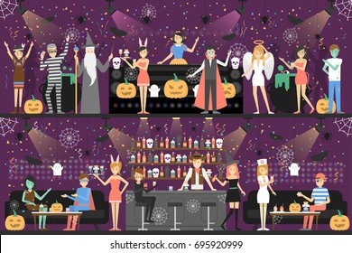 Halloween party at club. People in different costumes have fun.