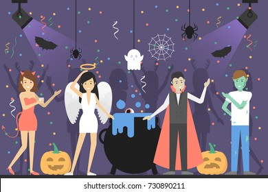 Halloween party at club. People in different costumes have fun.