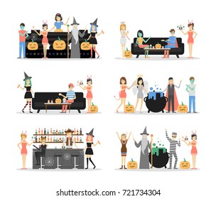 Halloween party club set. People in different costumes have fun on white background.