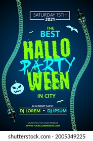 Halloween party club vector flyer template. DJ, music background with snake, pumpkin and bat