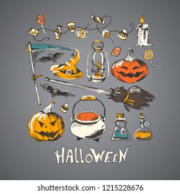 Halloween party collection, vector hand drawn element. Sketch design, isolated.