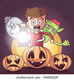 Halloween party color invitation background. Vector cartoon illustrated of a scared kid  going to Halloween party, holding the lamp in his hand, standing on the court in front of pumpkin
