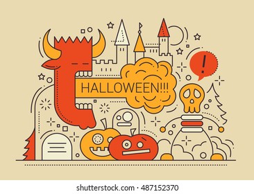 Halloween party colored line flat design card with holidays symbols - monsters, pumpkins