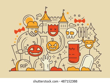 Halloween party colored line flat design card with holidays symbols - monsters, pumpkins