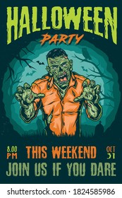 Halloween party colorful advertising poster with spooky zombie in vintage style vector illustration