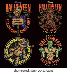 Halloween party colorful badges in vintage style with scary monster tree zombie voodoo doll spooky scarecrow and wooden board with Magic Night inscription isolated vector illustration