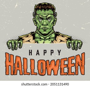 Halloween party colorful concept in vintage style with lettering and creepy zombie on gray background with halftone effects vector illustration