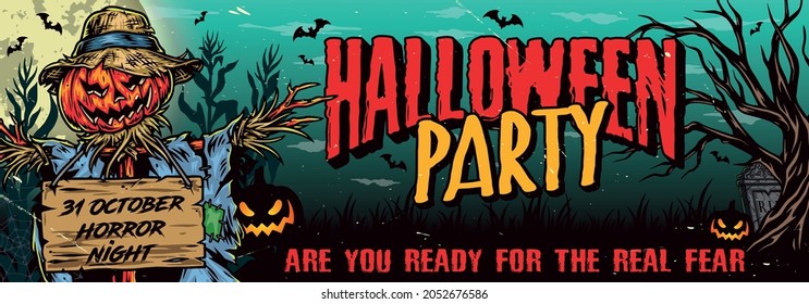 Halloween party colorful horizontal banner of scarecrow with spooky pumpkin head and wooden board with promotional lettering dry tree flying bats corn plants gravestone full moon vector illustration