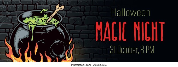 Halloween party colorful horizontal template in vintage style with witch cauldron with boiling magic potion and bone on stone wall background vector illustration