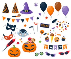 Halloween Party Colorful Icons Set Vector Illustration. Magic Hat Sweets Masks Balloon Pumpkin Rocket Flag Glasses, Good For Holiday Design.