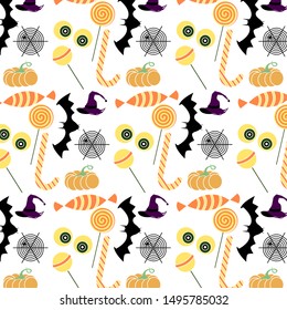 Halloween party colorful pattern vector illustration. Lollipops, bats, pumpkins, spiders, web, witch hats good for holiday design.