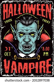 Afiche colorido de la fiesta de Halloween en estilo vintage con letras y cabeza de vampiro espeluznante en la capa sobre ilustración vectorial de fondo oscuro