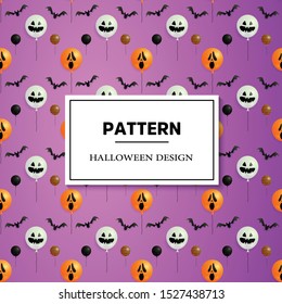 Halloween party colorful seamless pattern illustration. Magic hat sweets masks balloon pumpkin rocket flag glasses, background for holiday design.