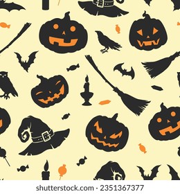 Halloween party colorful seamless pattern with pumpkins with funny faces and witch hats near brooms and treats vector illustration