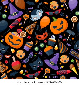 Halloween party colorful seamless pattern vector illustration. Magic hat sweets masks balloon pumpkin rocket flag glasses, background for holiday design.