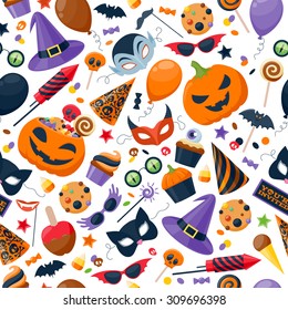 Halloween party colorful seamless pattern vector illustration. Magic hat sweets masks balloon pumpkin rocket flag glasses, background for holiday design.