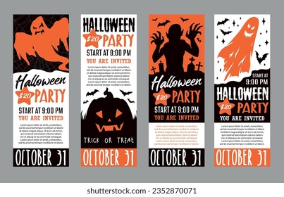 Halloween party colorful set flyers with scary ghosts and zombies or jack pumpkin for holiday festival invitation vector illustration