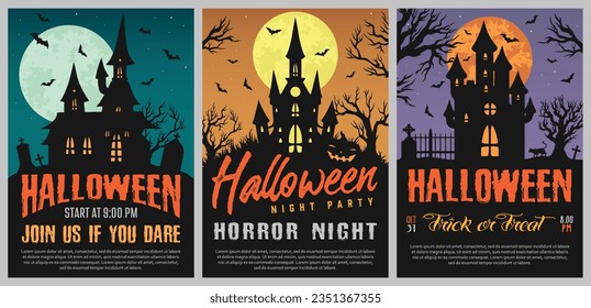 Halloween party colorful set stickers with night mansions with full moon and bats over dry trees vector illustration