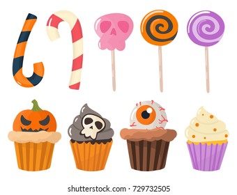 Halloween party colorful sweets cupcakes lollipops jelly beans cookies cake candies vector illustration.