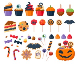 Halloween Party Colorful Sweets Icons Set Vector Illustration.  Cupcakes Lollipops Jelly Beans Cookies Cake Candies Caramel Apple Corn, Good For Holiday Design.