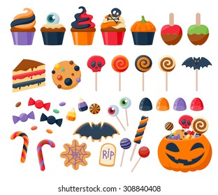 Halloween party colorful sweets icons set vector illustration.  Cupcakes lollipops jelly beans cookies cake candies caramel apple corn, good for holiday design.