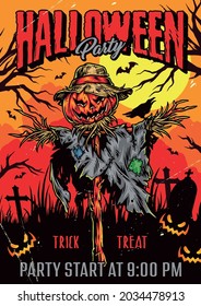 Halloween party colorful vintage poster with scarecrow with pumpkin head in straw hat crow flying bats dry trees crosses and tombstones vector illustration