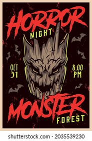 Halloween party colorful vintage poster with creepy monster tree head and flying bats on dark background vector illustration