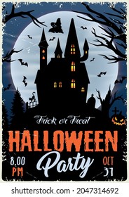 Halloween party colorful vintage poster with haunted house flying bats ghost scary pumpkins trees gravestones cat silhouettes on moon background vector illustration