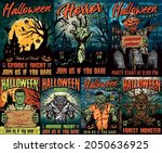 Halloween party colorful vintage posters with spooky forest monster walking corpses angry werewolf haunted house zombie hand scarecrow with pumpkin head and wooden board vector illustration