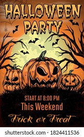 Halloween party colorful vintage template with scary pumpkins bats and dry trees on moon background vector illustration