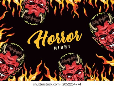 Halloween party colorful vintage template with inscription cruel horned devil heads and fire flames on dark background vector illustration