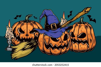 Halloween party colorful vintage template with scary evil pumpkins witch broom burning candles and flying bats vector illustration